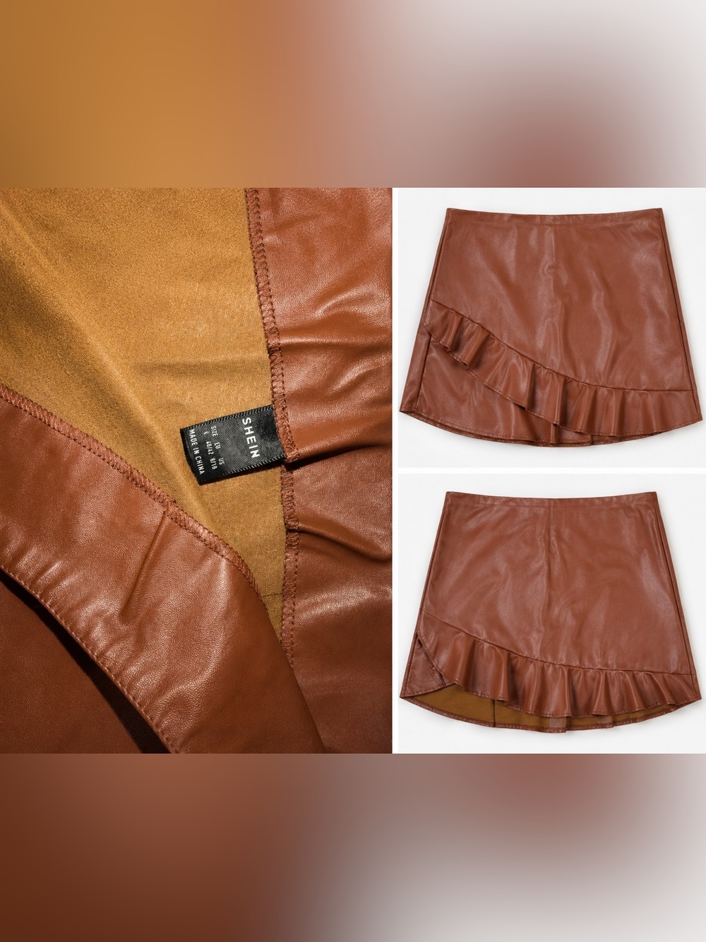 SHEIN Brown Ruffle Faux Leather Mini Skirt
